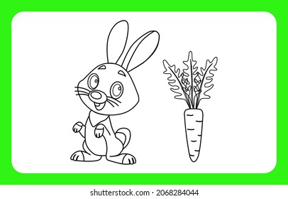 Developing coloring book for children. Vector illustration of a cute rabbit with carrots.