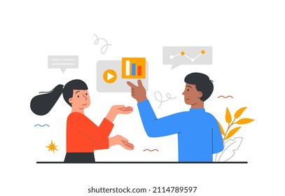 Developing computer software. Programmers select interface for application. Window decoration. Employees working on project. Marketing and research, brainstorming. Cartoon flat vector illustration