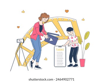 Developing content marketing plan. Mother and son video bloggers stand in front of camera. Planning of promotion in social networks. Blogger with tasks. Outline flat vector illustration