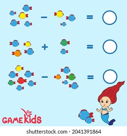 Developing counting game for children. Vector illustration. Solve examples, addition, subtraction. Fishes