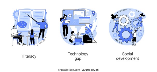 Developing Country Abstract Concept Vector Illustration Set. Illiteracy And Technology Gap, Social Development, Children At School, Digital Literacy, Social Skills And Education Abstract Metaphor.