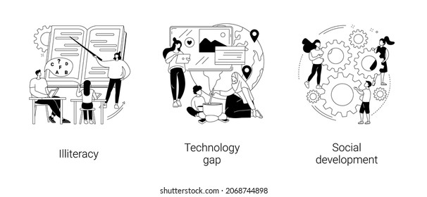 Developing Country Abstract Concept Vector Illustration Set. Illiteracy And Technology Gap, Social Development, Children At School, Digital Literacy, Social Skills And Education Abstract Metaphor.