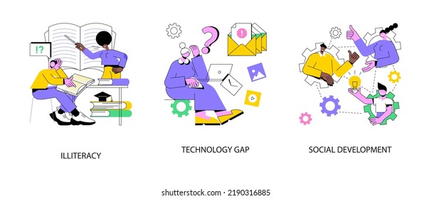 Developing country abstract concept vector illustration set. Illiteracy and technology gap, social development, children at school, digital literacy, social skills and education abstract metaphor.