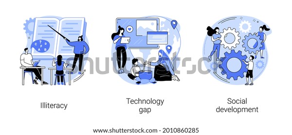 Developing country abstract concept vector\
illustration set. Illiteracy and technology gap, social\
development, children at school, digital literacy, social skills\
and education abstract\
metaphor.