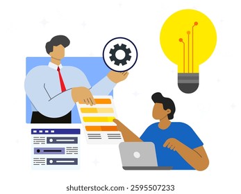 Developing creative business idea concept. Business team discussing statistics on document with problem solving and solution. Meeting, management, light bulb, thinking and brainstorming. 
