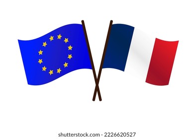 Developing crossed flags of the European Union and France. Vector images using simple gradients, drawn with the correct aspect ratio.
