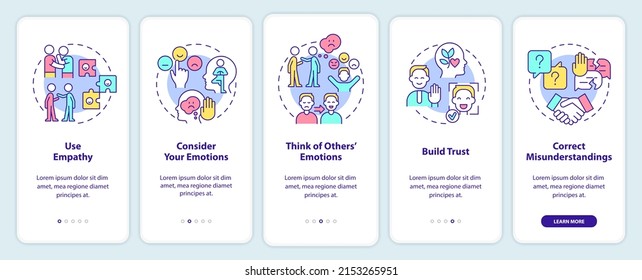 Developing emotional awareness onboarding mobile app screen. Use empathy walkthrough 5 steps graphic instructions pages with linear concepts. UI, UX, GUI template. Myriad Pro-Bold, Regular fonts used