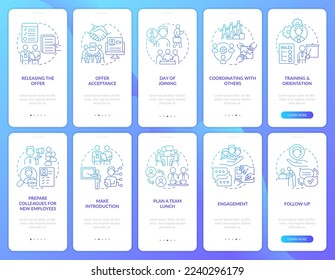 Developing employee integration blue gradient onboarding mobile app screen set. Walkthrough 5 steps graphic instructions with linear concepts. UI, UX, GUI template. Myriad Pro-Bold, Regular fonts used