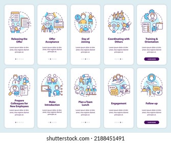 Developing employee integration onboarding mobile app screen set. Walkthrough 5 steps editable graphic instructions with linear concepts. UI, UX, GUI template. Myriad Pro-Bold, Regular fonts used