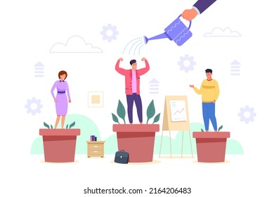 Developing employee talent. Growth employees development efficiency grow professional career, encourage staff education coaching manager hand water cans, garish vector illustration