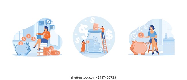 Developing finance. Husband and wife put money in, save. Putting coins into a piggy bank. Saving Money concept. Set flat vector illustration.