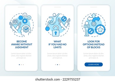 Developing high performance mindset blue onboarding mobile app screen. Walkthrough 3 steps editable graphic instructions with linear concepts. UI, UX, GUI template. Myriad Pro-Bold, Regular fonts used