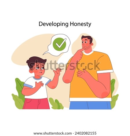 Developing Honesty concept. A child converses with an adult, learning the importance of truth. A lesson in integrity and trust for young minds. Flat vector illustration