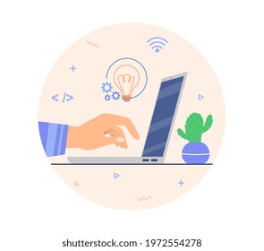 Developing Ideas, Brain Gears, Coding On Computer, Forecasting Startup Business Plan Cash Flow. Flat Abstract Metaphor Cartoon Vector Illustration Concept . Simple Art Isolated On White Background