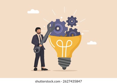 Developing Innovative Solutions Illustration of a Businessman Using a Wrench to Assemble Gears Inside a Light Bulb, Representing the Process of Building Creative Ideas.