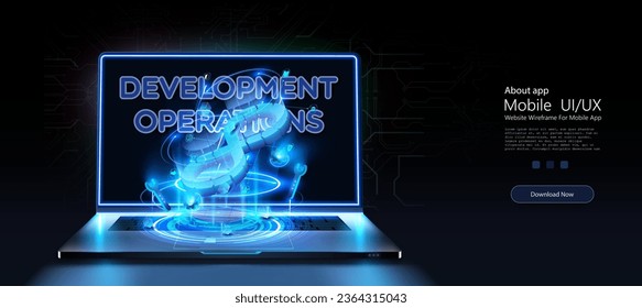 Developing of internet app or online website service. Devops software development operations infinity symbol. Landing page layout or banner template. Vector illustration