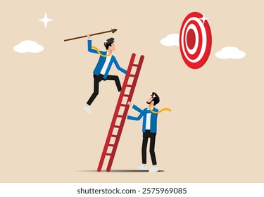 Developing the ladder to success, the business team helps to prepare the ladder of success to achieve the target, setting business goals, targets, goals and objectives, partnerships and teamwork towar