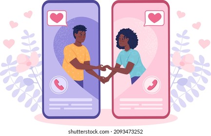 Developing long-distance relationship flat concept vector illustration. Girl and boy holding hands isolated 2D cartoon characters on white for web design. Meeting soulmate online creative idea