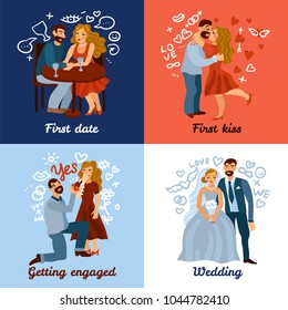 Developing love relations design concept with romantic date, first kiss, engagement and wedding isolated vector illustration 