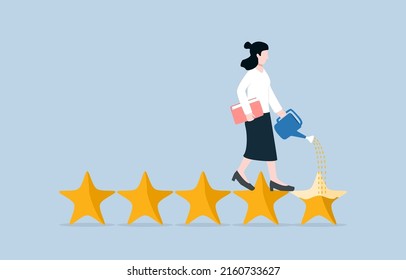 Developing marketing strategies to make customers give higher star rating, business reputation concept.  Businesswoman watering to fulfill 5th star metaphor of increasing credit score from customers.