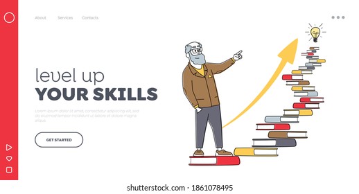 Developing Mental Issues, Ladder to Success. Training Landing Page Template. Male Character Climb at Books Stairs with Light Bulb on Top. Self Development, Education. Linear Vector Illustration