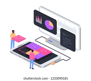 Developing mobile app concept. Isometric composition. Software developers. Vector illustration