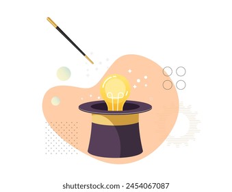 Developing New Ideas - Lightbulb Coming out of Magician's Hat - Stock Illustration as EPS10 File