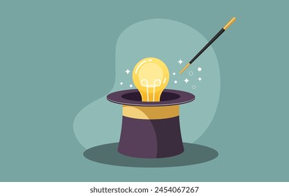 Developing New Ideas - Lightbulb Coming out of Magician's Hat - Stock Illustration as EPS10 File
