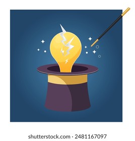 Developing New Ideas - Lightbulb Coming out of Magician's Hat - Stock Illustration as EPS10 File