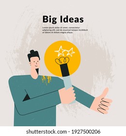 Developing new ideas startup metaphor. Modern flat vector male character with light bulb. Business creativity and inspiration concepts with lightbulb. Young man  illustration for card, template