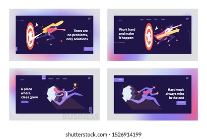 Developing of New Strategies, Career Boost Website Landing Page Set. Businesspeople with Jetpack Punch Through Hole in Wall, Huge Target. Goal Achieve Web Page Banner. Cartoon Flat Vector Illustration