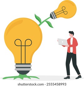 Developing originality, new creativity from original idea, inspiration to think forward concept, Businessman looking at new light bulb branch growing from light bulb tree.
