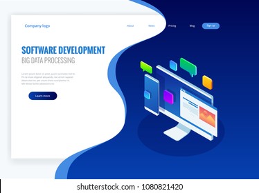 Developing programming and coding technologies concept. Website design. Big data processing, computing isometric vector illustration