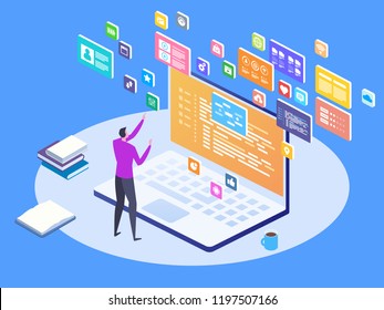 Developing programming and coding technologies concept. Isometric programmer working in a software develop company office. UX UI User Interface and User eXperience Process.