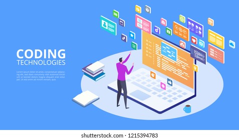 Developing programming and coding technologies concept. Isometric programmer working in a software develop company office. UX UI User Interface and User eXperience Process.