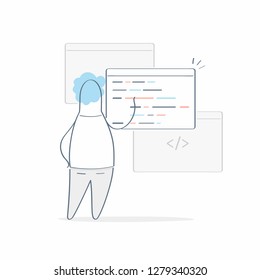 Developing programming and coding technologies concept. Cartoon programmer with browser windows and code, website design, coding. Programmer working in a software development office. Outline vector