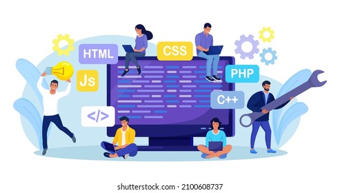 Developing programming and coding technologies and engineering development. Programmer or developer create code. Computer screen with codes. Developer work with task, coding software using pc
