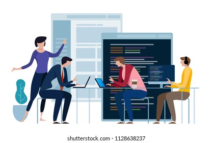 Developing Programming And Coding Technologies. Website Design. Programmer Working In A Software Develop Company Office In A Team Work. Vector