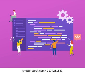 developing programming and coding  vector illustration concept, group of programmer working with computer and laptop can use for, landing page, template, ui, web, mobile app, poster, banner, flyer

