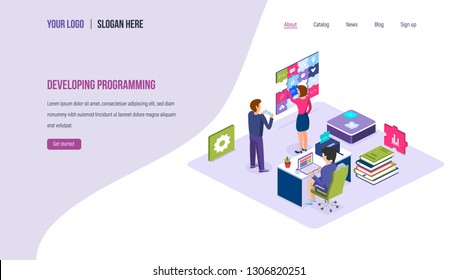 Developing programming. Technology process of software development. Programming application code in high-level languages, SEO, mobile app, business solutions. Landing page template. Isometric vector.