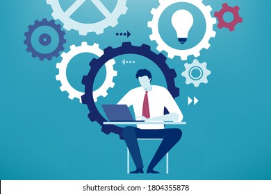 Developing project. Businessman works on new project. Business vector illustration