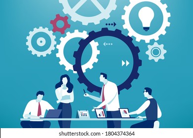 Developing project. The team works on a new project. Business vector illustration