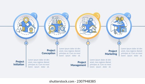 Developing real estate projects circle infographic template. Data visualization with 4 steps. Editable timeline info chart. Workflow layout with line icons. Lato-Bold, Regular fonts used