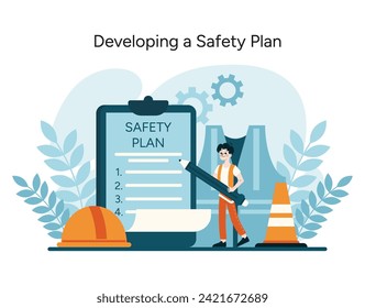 Desarrollo de un vector del Plan de Seguridad. Detallar la participación de un trabajador en la formulación de protocolos de seguridad sólidos, fundamental para la prevención de riesgos industriales. Ilustración vectorial plana