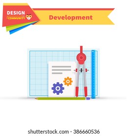 Developing solution design flat. Solution and developing, software development, development icon, web development, construction development, web solution developing, innovation art illustration