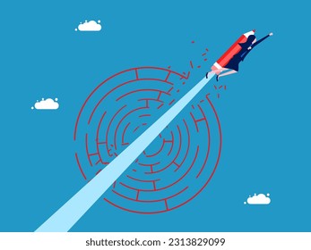 Developing and solving problems to overcome obstacles. A flying businesswoman with a pencil crashes through a mysterious maze