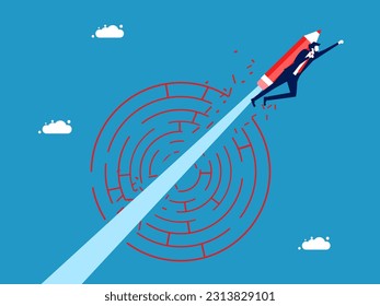 Developing and solving problems to overcome obstacles. A flying businessman with a pencil crashes through a mysterious maze