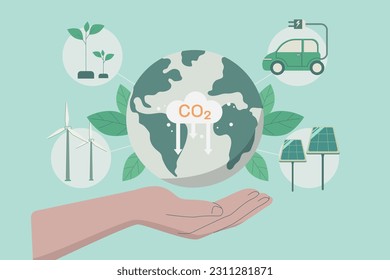 Entwicklung nachhaltiger CO2-Konzepte und Verringerung des CO2-Ausstoßes, Nutzung sauberer Energie, nachhaltiges Umweltmanagement.
 Konzept des Klimawandels. Vektordesign-Illustration.