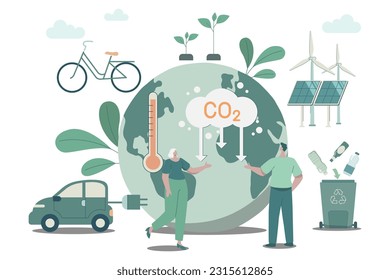 Developing sustainable CO2 concepts, using clean energy, sustainable environmental management. Climate change problem concept. Vector design illustration.
