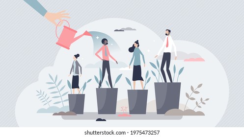 Developing talent and professional training for personal growth tiny person concept. Potential improvement and motivation boost with leader appraisal or encourage as skill watering vector illustration